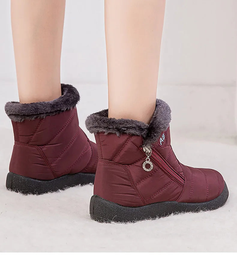 Stylish women's ankle boots with fur, low heels, waterproof winter shoes
