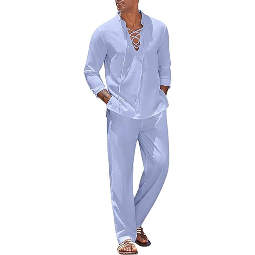 Men’s 2pcs Cotton Linen Beach Set Shirt & Pants