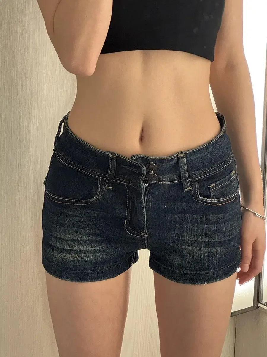 Women's Blue Distressed Denim Shorts – Low Rise Skinny