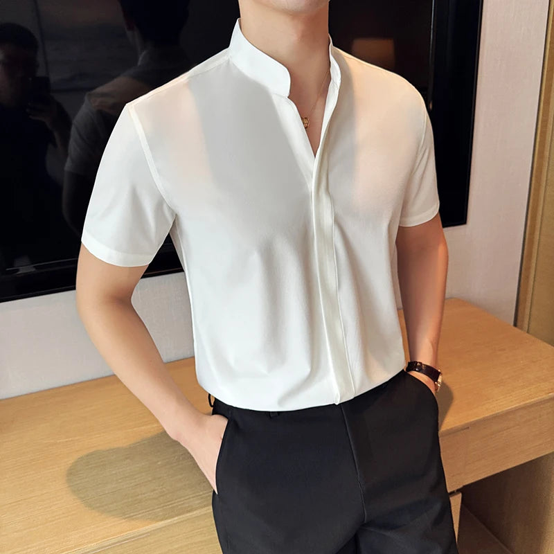 Men’s stand collar V-neck stretch shirt white fashion
