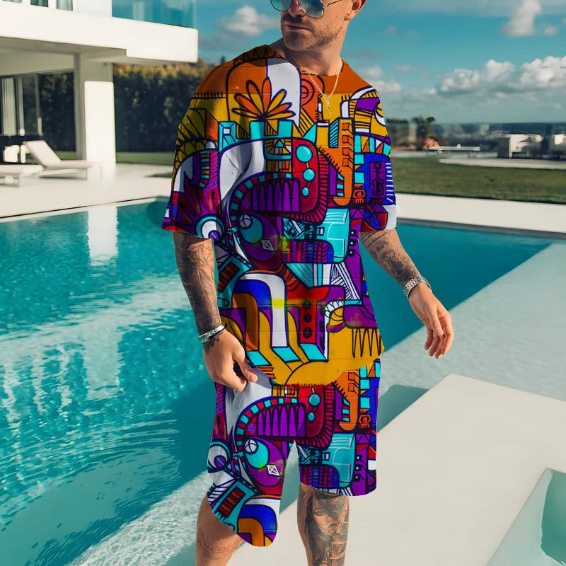 Men’s 2-Piece Summer Casual Set – 3D Print T-Shirt & Shorts