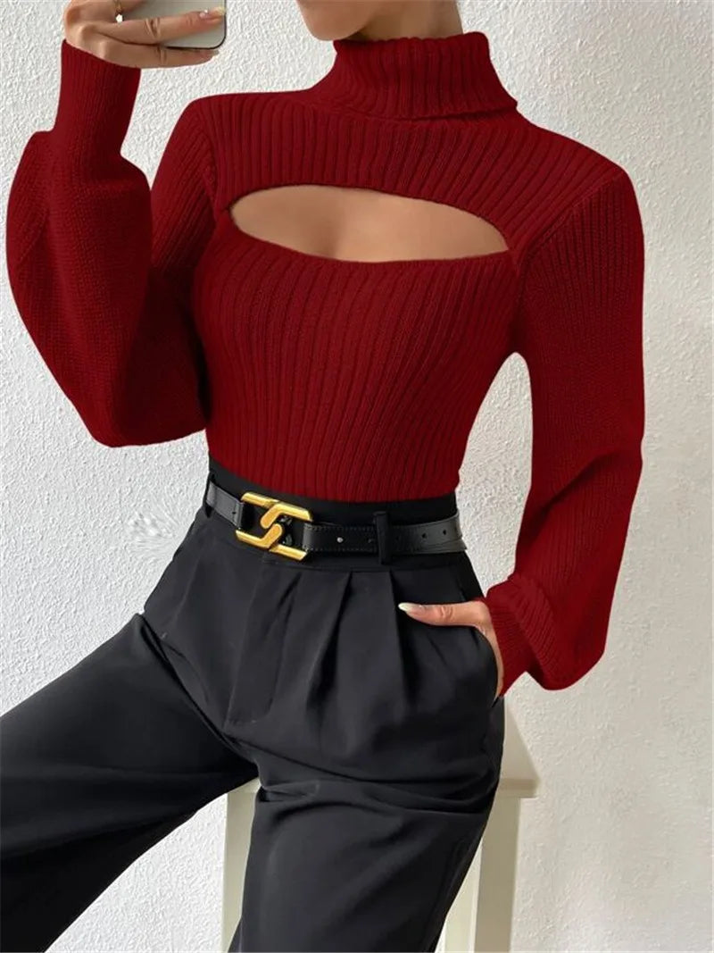 Sexy loose sweater with high neck and hollow design