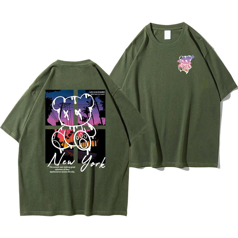 New York Art Cartoon Bear Sunset Cotton T-Shirt