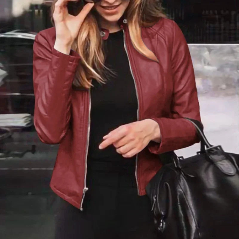 Women's Slim PU Leather Biker Jacket Classic Moto Coat