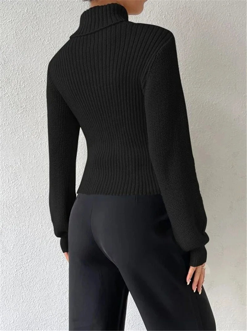 Sexy loose sweater with high neck and hollow design