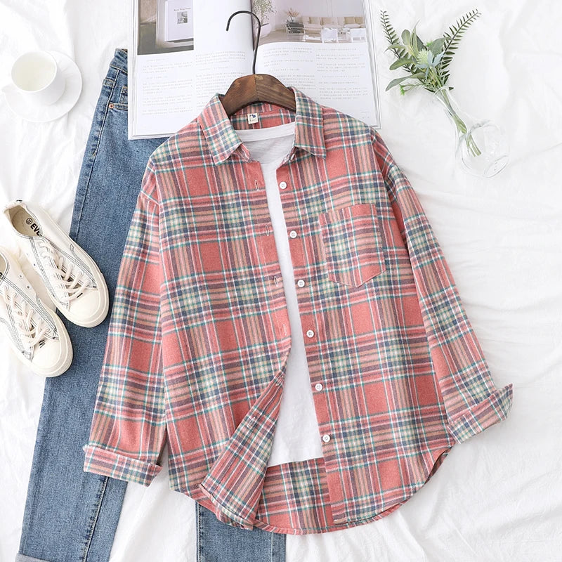 Women's plaid flannel shirt, loose fit, spring casual style