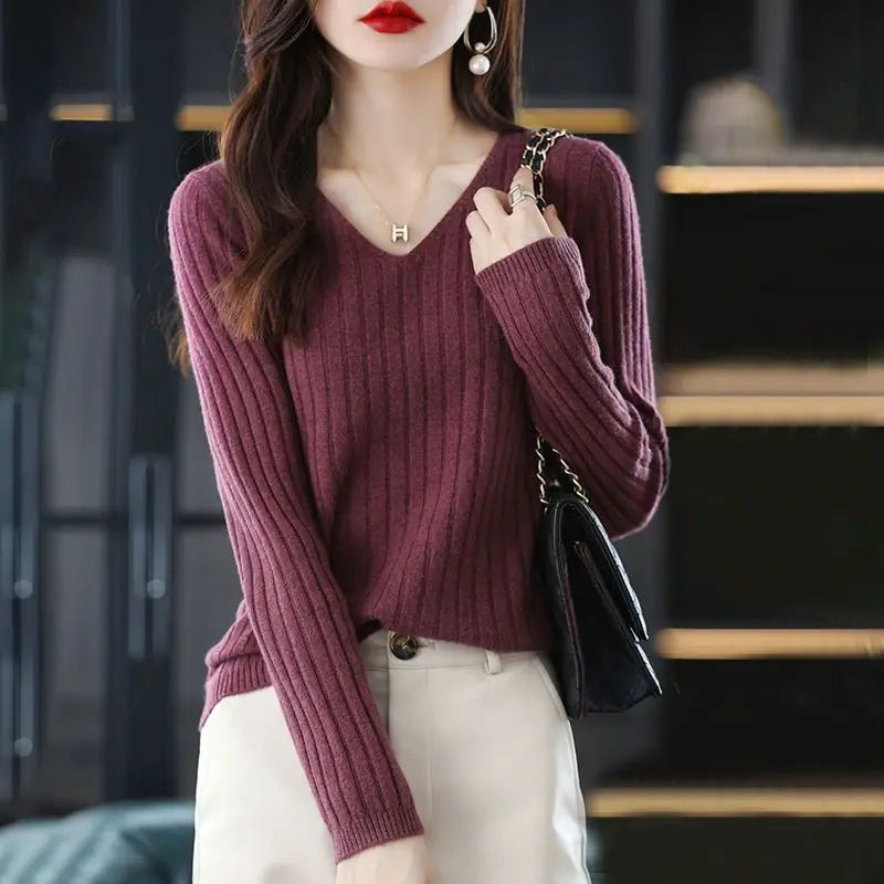 Women V-Neck Knitted Sweater Long Sleeve Top