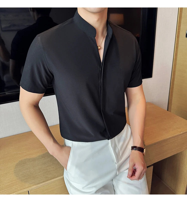 Men’s stand collar V-neck stretch shirt white fashion