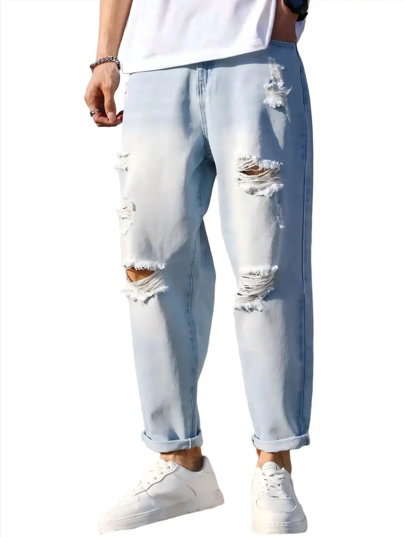 Men's Ripped Blue Loose Cropped Jeans – Autumn Harem Pants