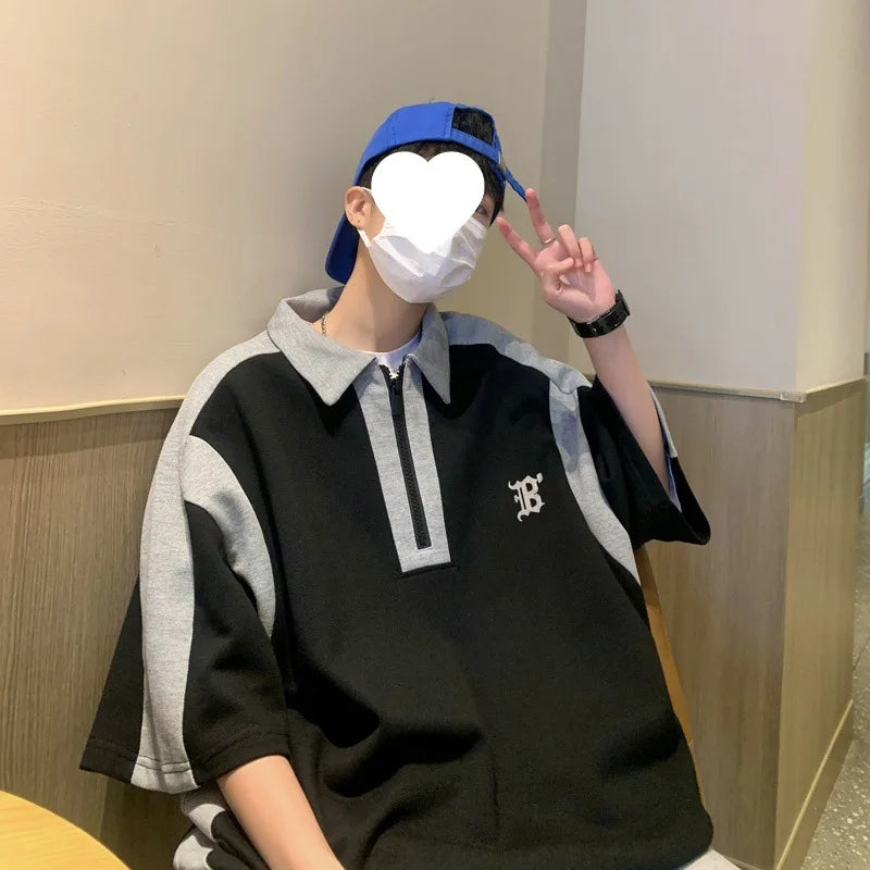 Men's Summer Polo Shirt Casual Loose Zipper Tee