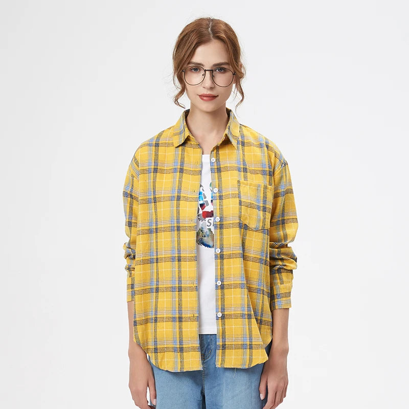 Women's plaid flannel shirt, loose fit, spring casual style