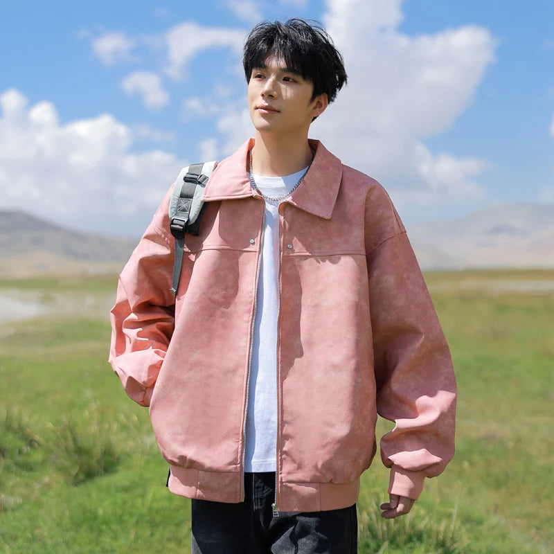 Men's Korean PU Leather Biker Jacket Brown Zipper Coat