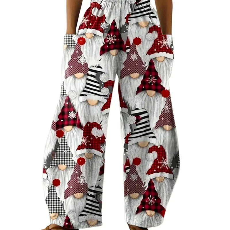 Plus Size Christmas Print Wide Leg Pants
