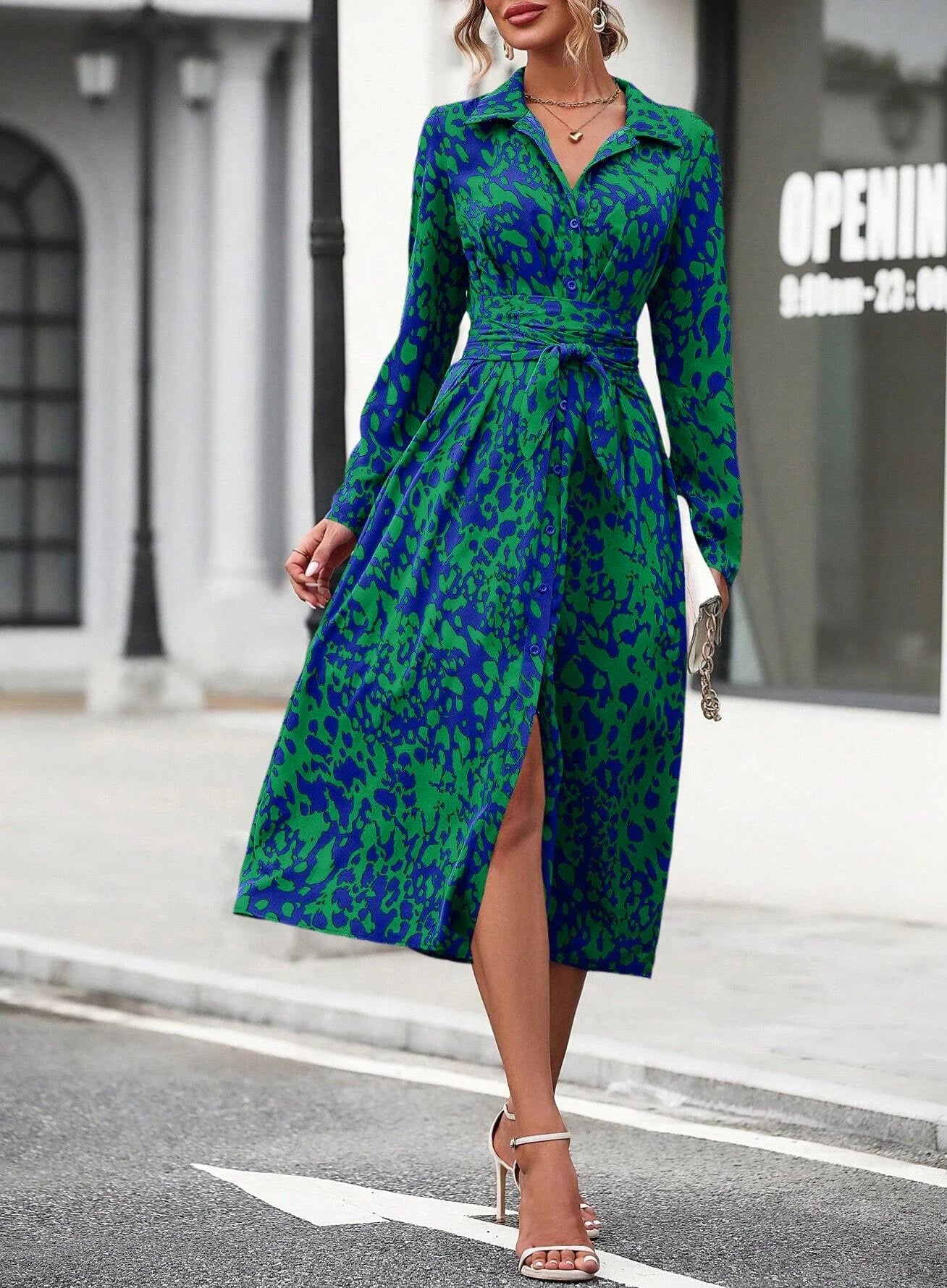 Elegant belted midi shirt dress, long sleeve, office casual