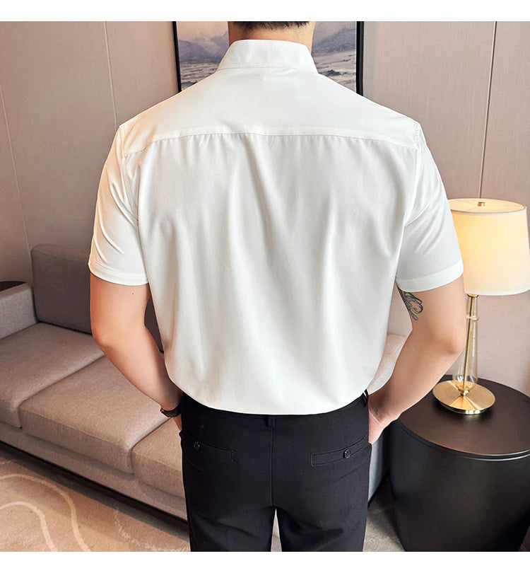 Men’s stand collar V-neck stretch shirt white fashion