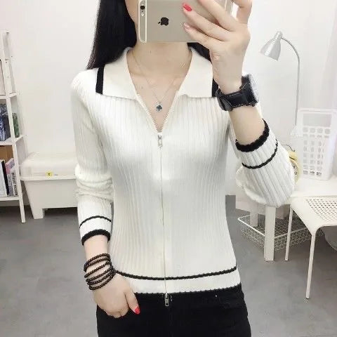 Autumn Spring Women Knitted Pullover Sweater Casual V-Neck Zipper Top