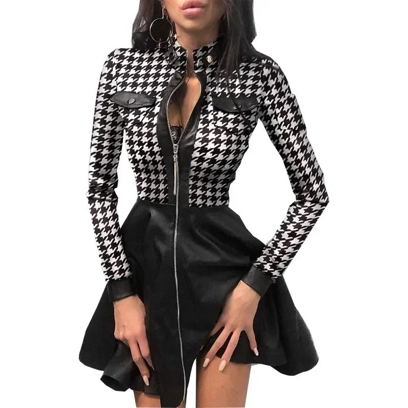 Women's PU Leather Long Sleeve Dress – Zipper Pocket, Stand Collar