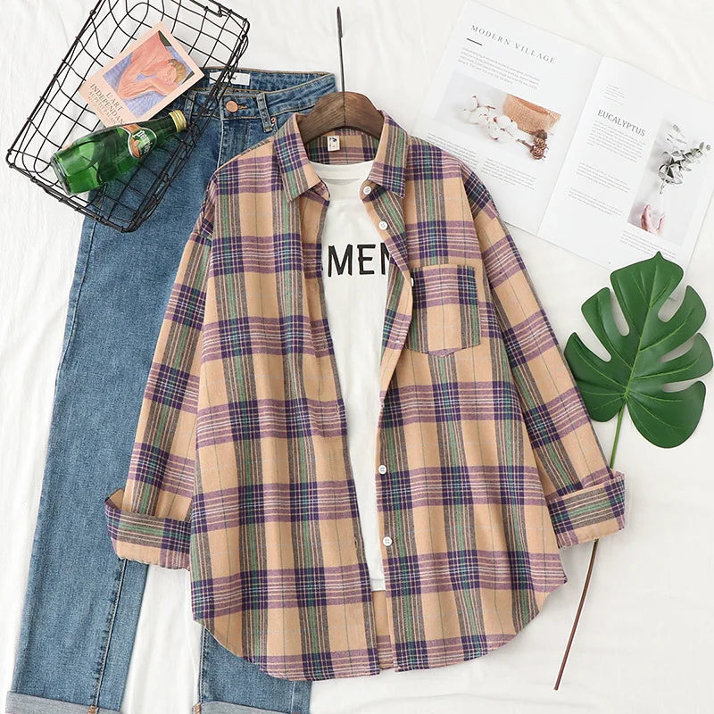 Women's plaid flannel shirt, loose fit, spring casual style