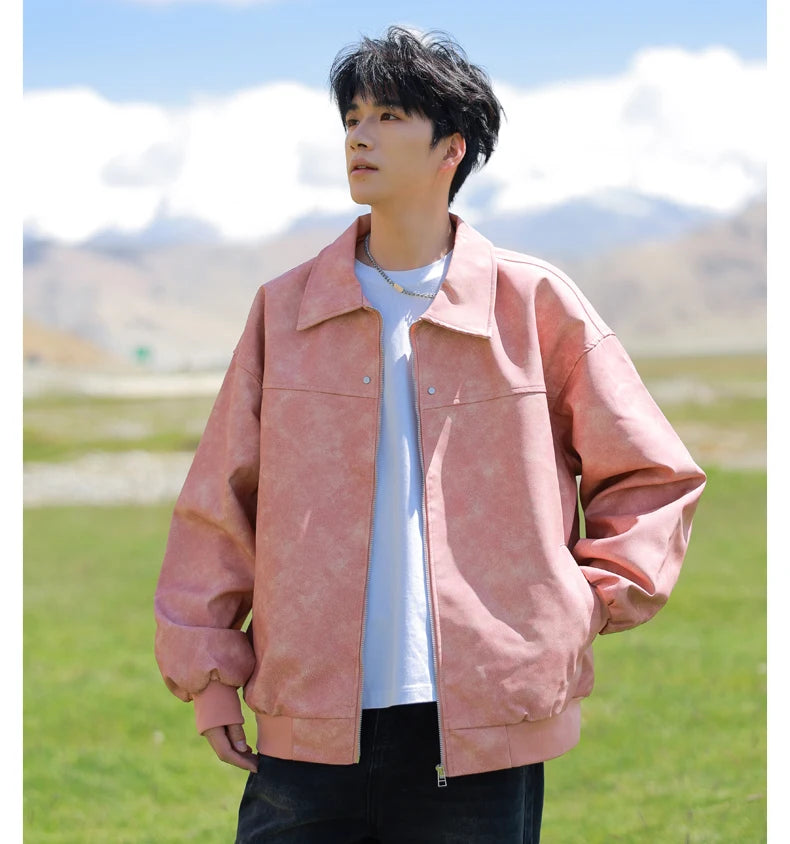 Men's Korean PU Leather Biker Jacket Brown Zipper Coat