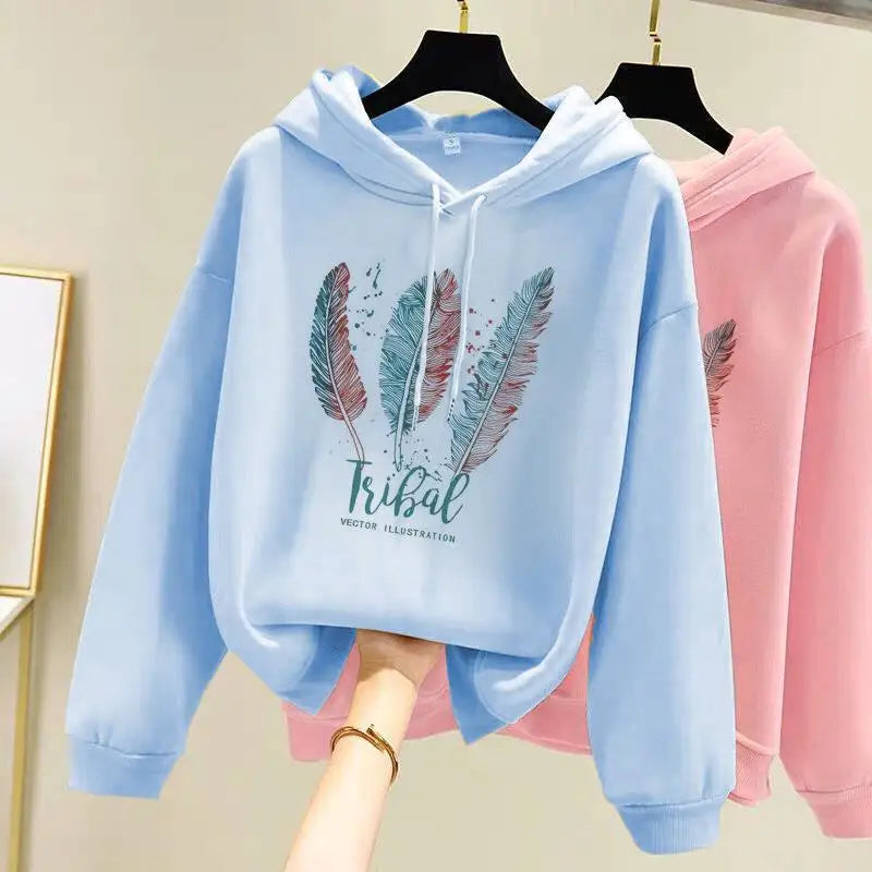 Women’s Feather Print Hoodie - Autumn Winter Casual