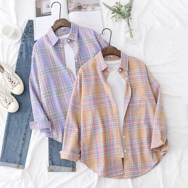 Women's plaid flannel shirt, loose fit, spring casual style