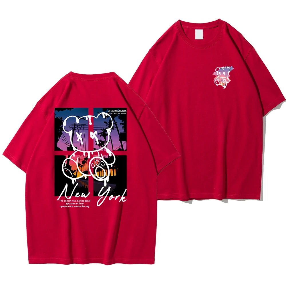 New York Art Cartoon Bear Sunset Cotton T-Shirt