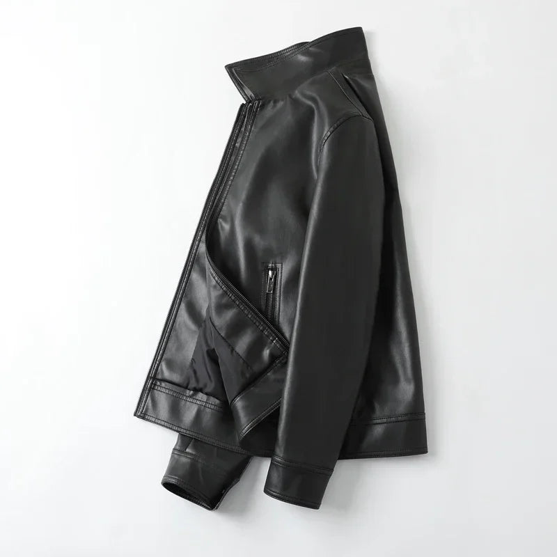 Men Bomber PU Leather Jacket – Slim Fit Casual Motorcycle Coat 2024