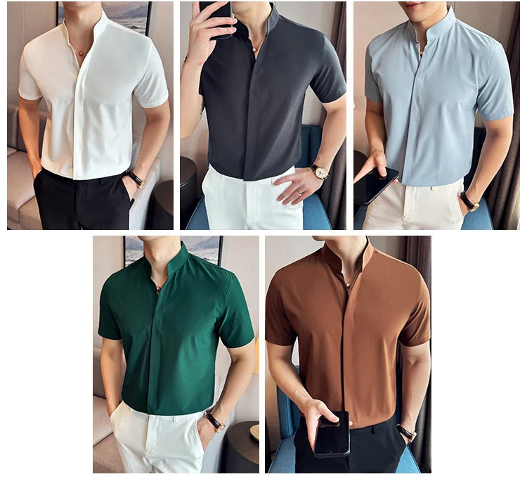 Men’s stand collar V-neck stretch shirt white fashion