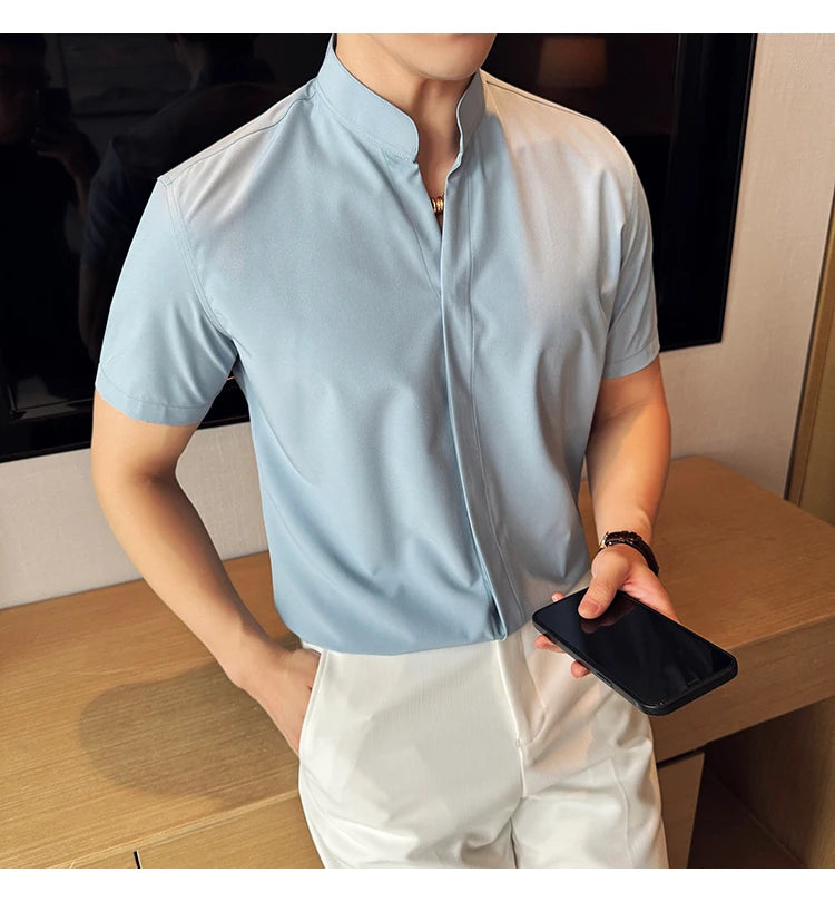 Men’s stand collar V-neck stretch shirt white fashion