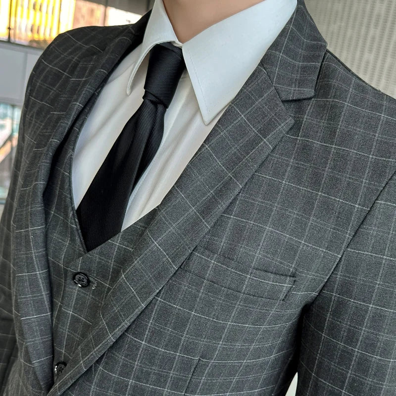 Men’s Plaid 3-Piece Suit Business Wedding Elegant Fashion Set