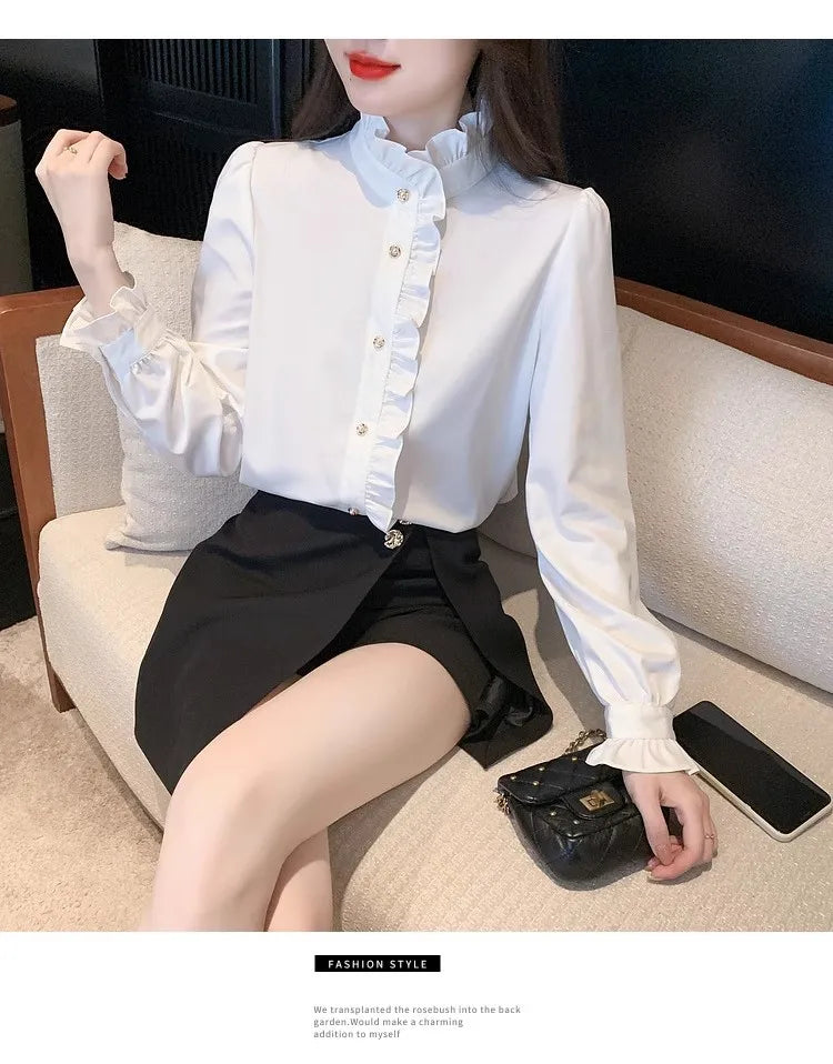 Elegant French style white women’s shirt, long sleeve top