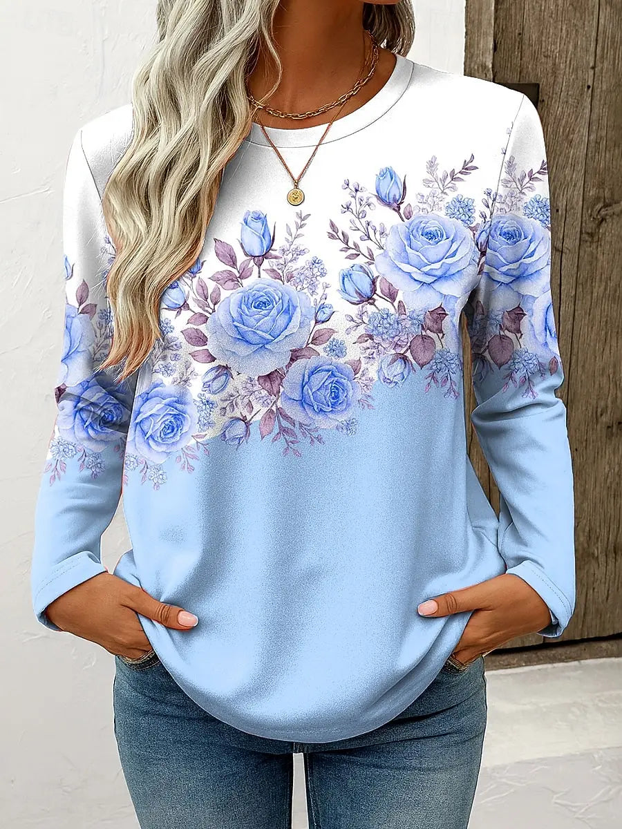 Women's Casual Floral Long Sleeve O-neck Top