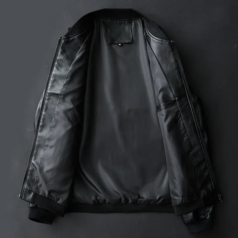 Men Black PU Leather Biker Jacket Slim Casual