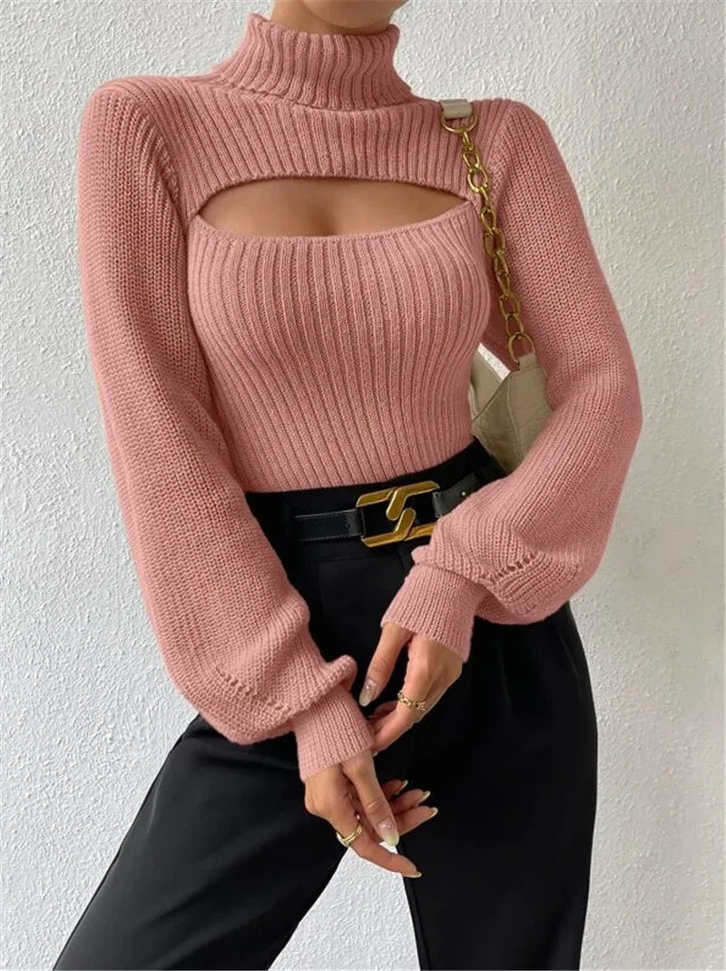 Sexy loose sweater with high neck and hollow design