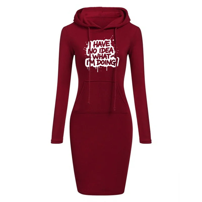 Women's Hooded Dress Long Sleeve Drawstring Text Print
