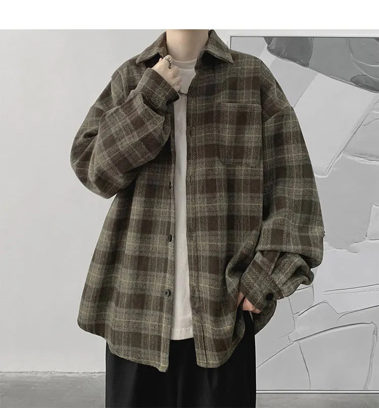 Vintage Korean Flannel Shirt Y2K Plaid Streetwear Winter