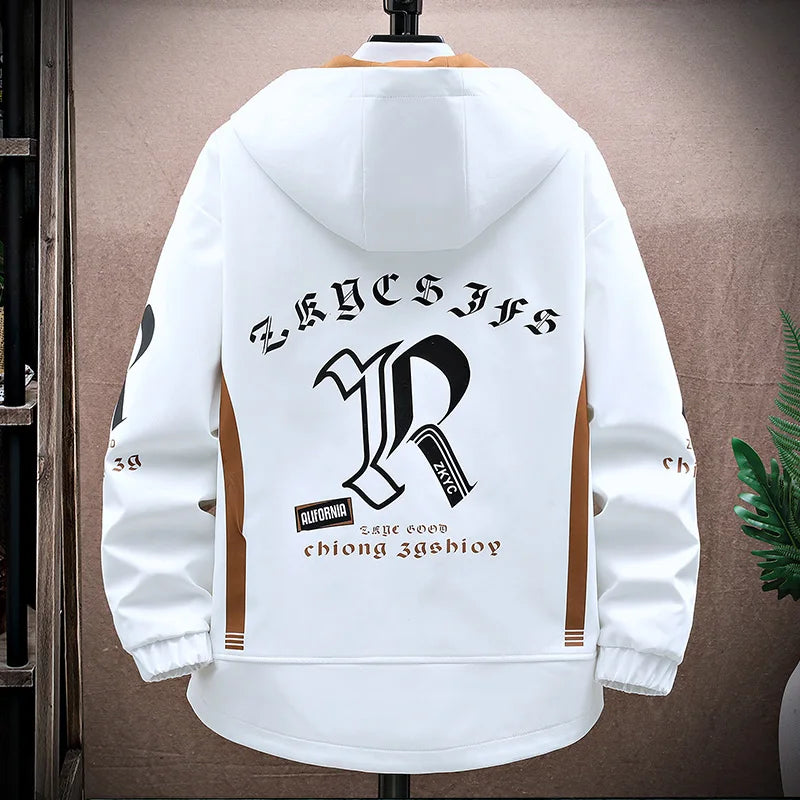 Men's Hooded Patchwork Jacket  Autumn Windbreaker Streetwear