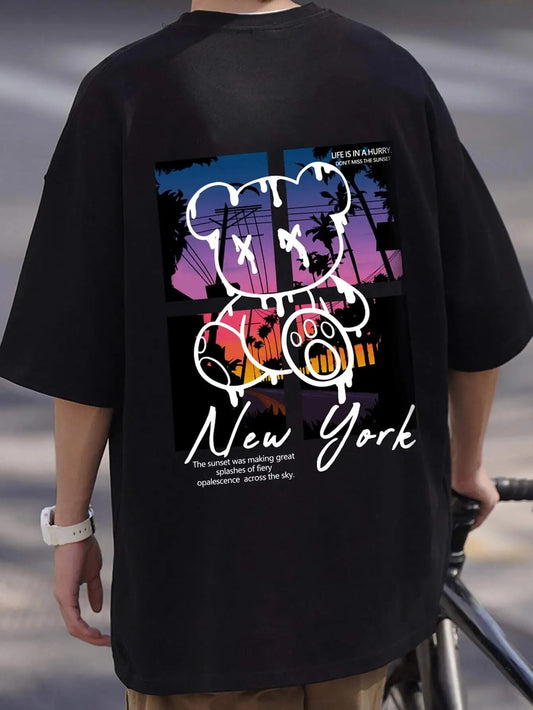 New York Art Cartoon Bear Sunset Cotton T-Shirt