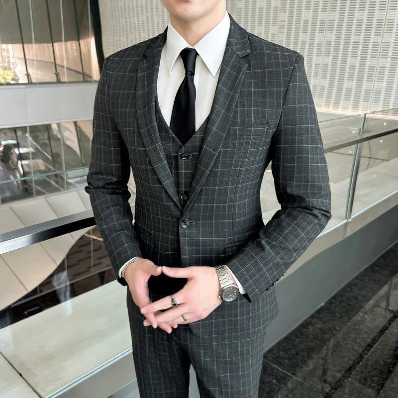 Men’s Plaid 3-Piece Suit Business Wedding Elegant Fashion Set
