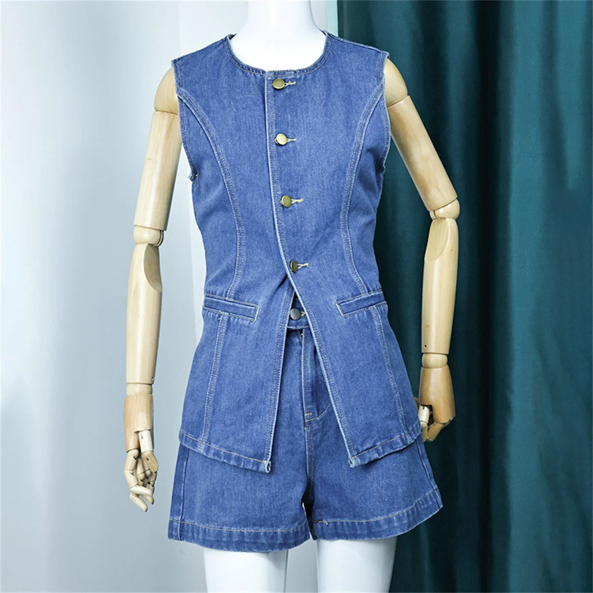 Women's Summer Denim Shorts Set Sleeveless Top & High Waist Shorts