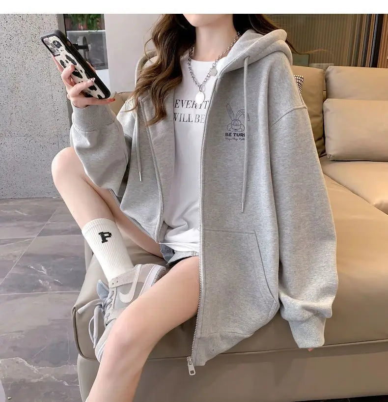 Women Embroidered Zip-Up Hoodie Casual Loose Streetwear Sweatshirt