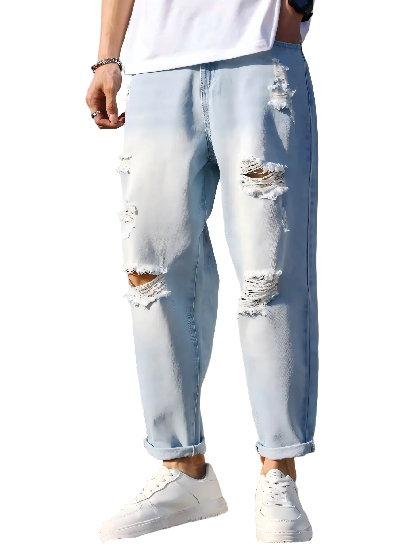 Men's Ripped Blue Loose Cropped Jeans – Autumn Harem Pants