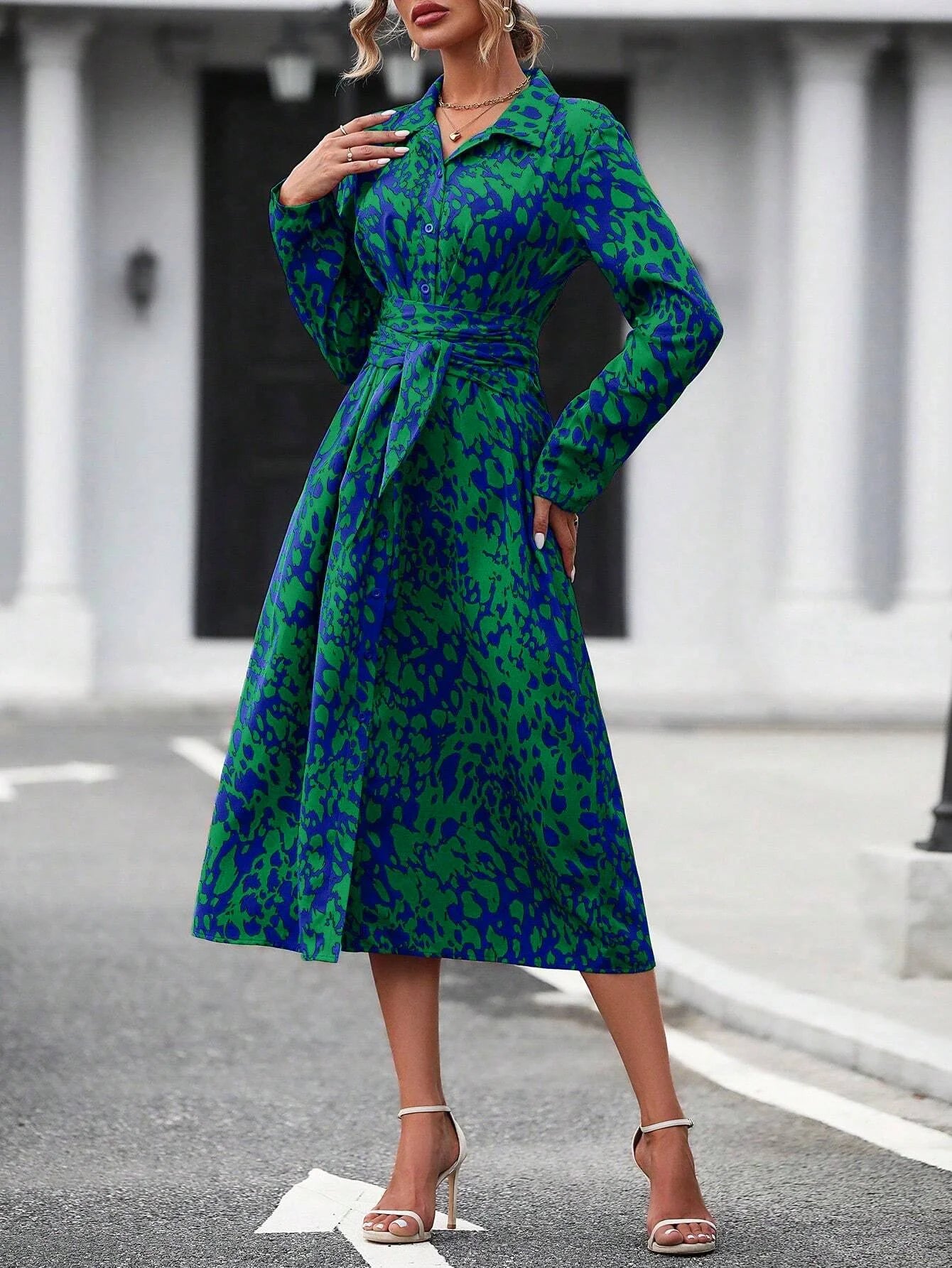 Elegant belted midi shirt dress, long sleeve, office casual