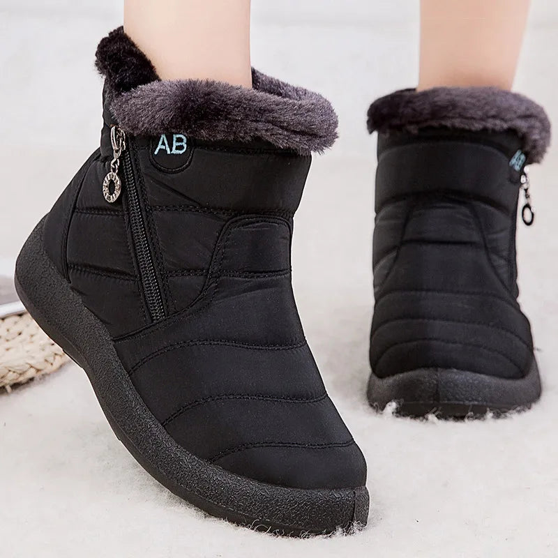 Stylish women's ankle boots with fur, low heels, waterproof winter shoes