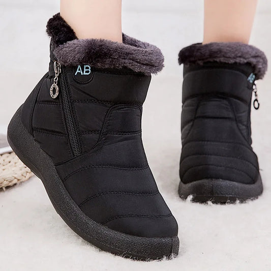 Stylish women's ankle boots with fur, low heels, waterproof winter shoes