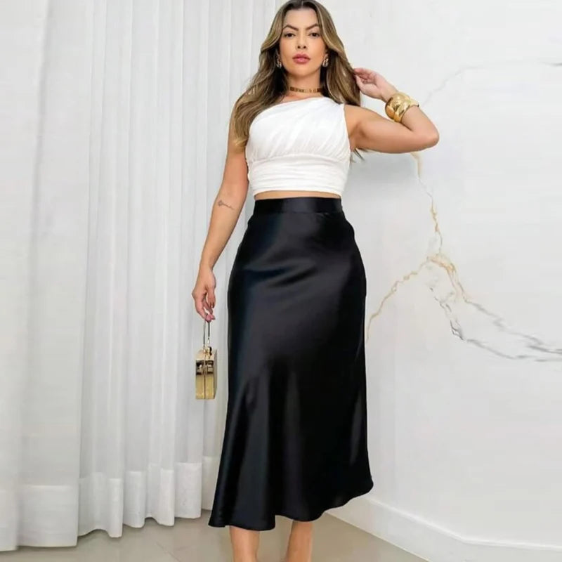 Women High Waist Satin & Midi Skirt 2025