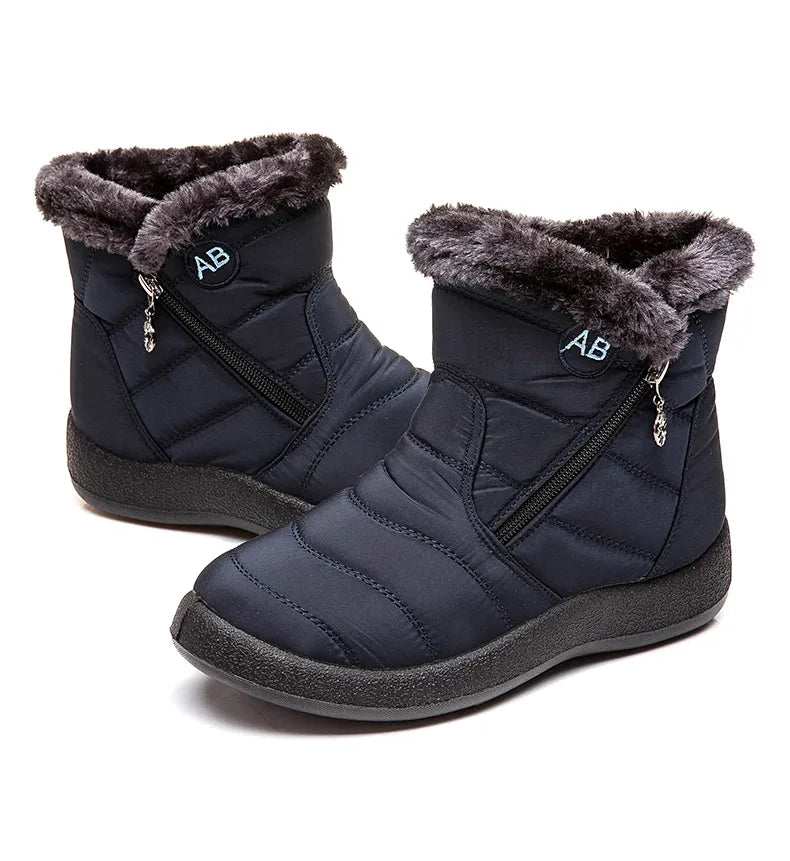 Stylish women's ankle boots with fur, low heels, waterproof winter shoes