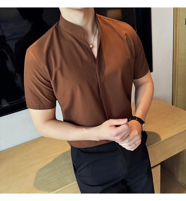Men’s stand collar V-neck stretch shirt white fashion