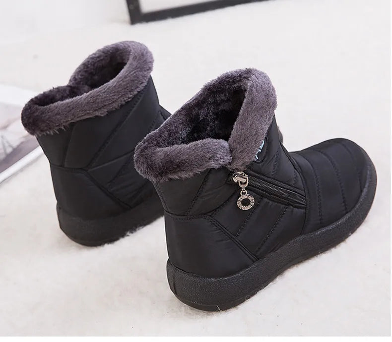 Stylish women's ankle boots with fur, low heels, waterproof winter shoes