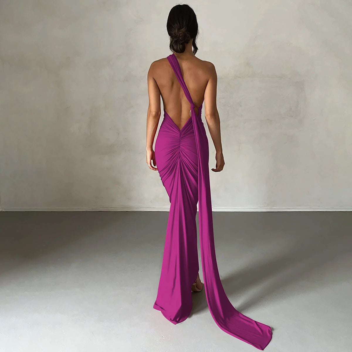 Hugcitar One Shoulder Backless Ruched Maxi Dress Women Y2K